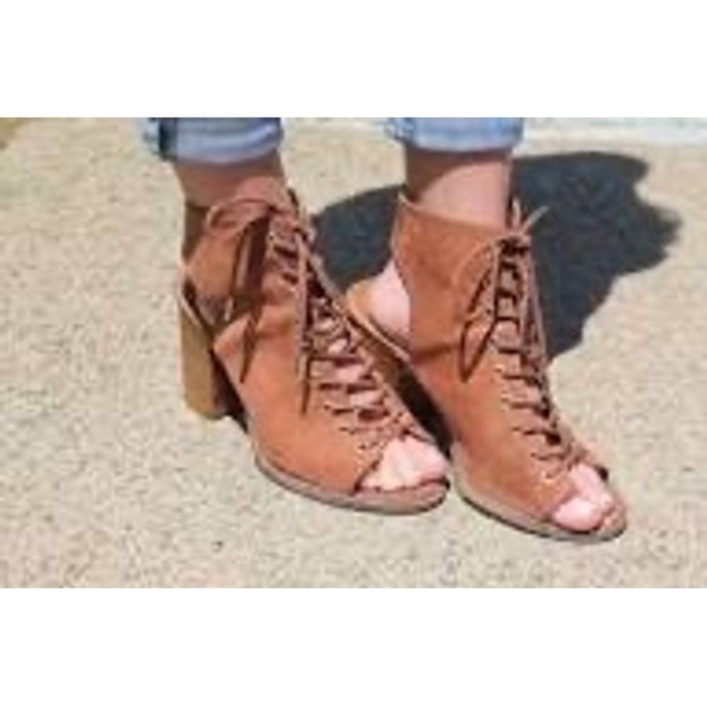 Free People X Jeffrey Campbell Palermo Tan Lace Up Open Toe Block Heel Shoe Sz 8